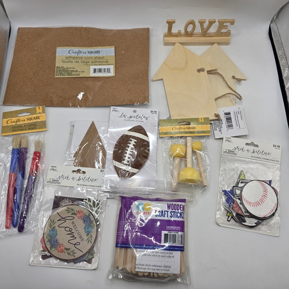 Crafter's Square Paper Studio Craft Supply Lot Wood Stickers Cork Brushes DIY